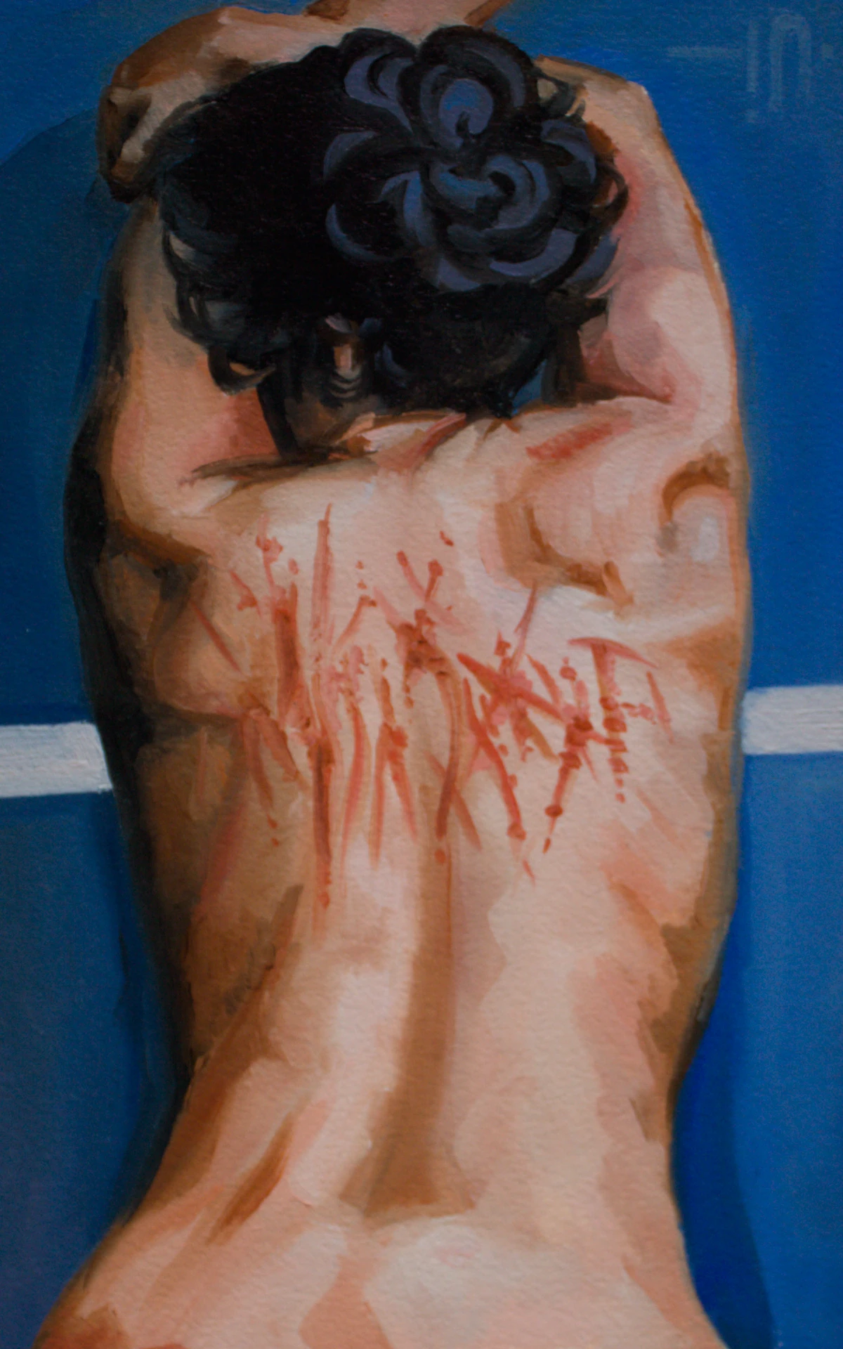 nude figure with whip marks against a blue wall