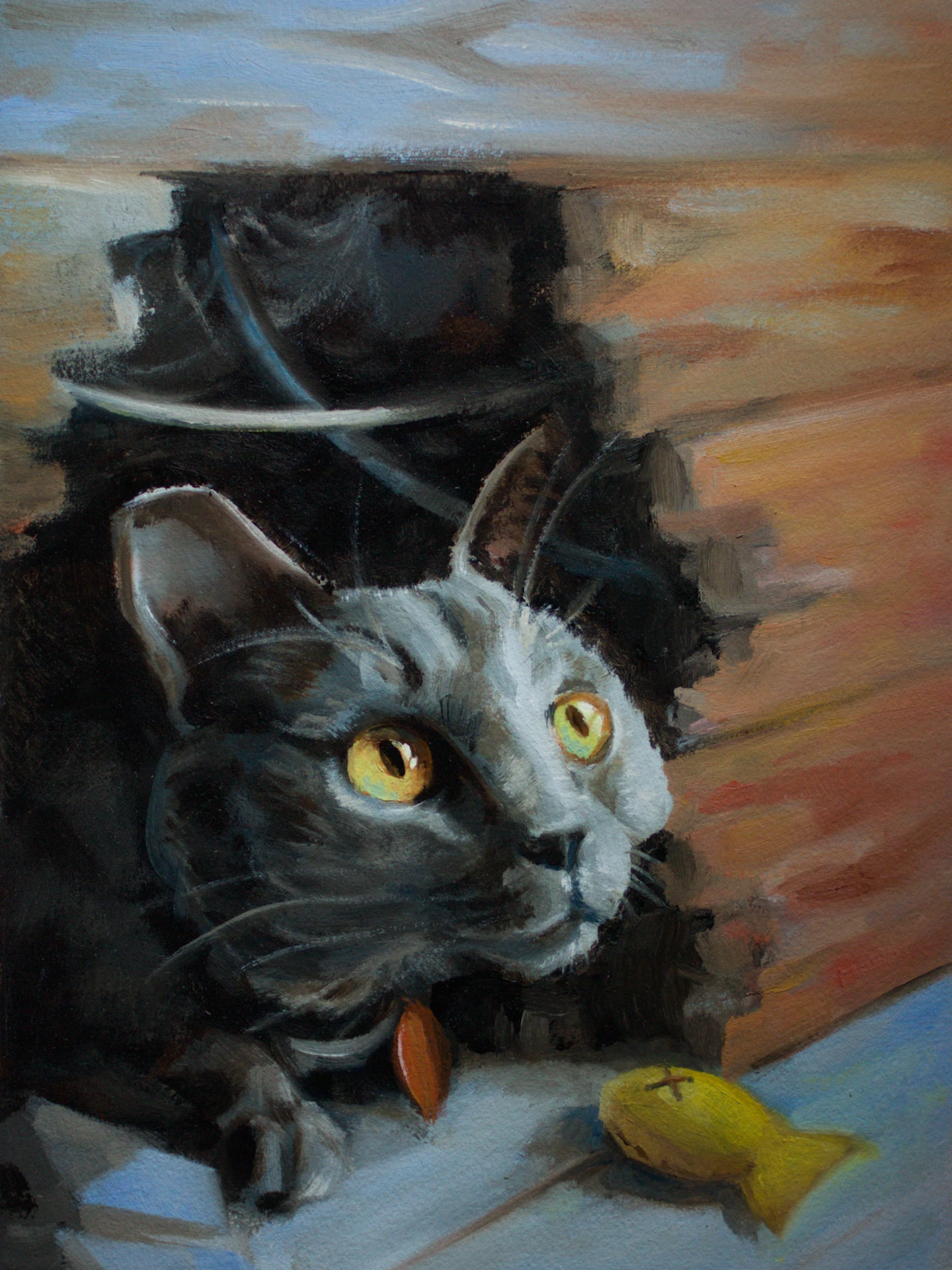 grey cat peering from broken wall