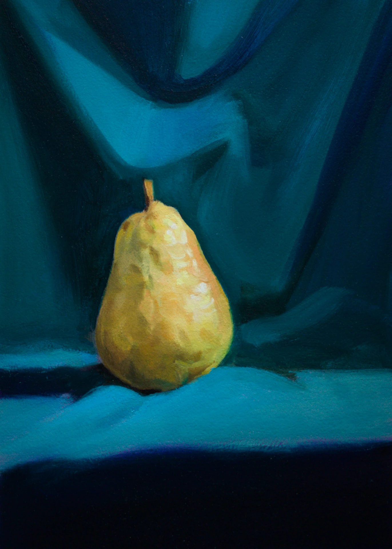 bartlett pear on turqoise drapery