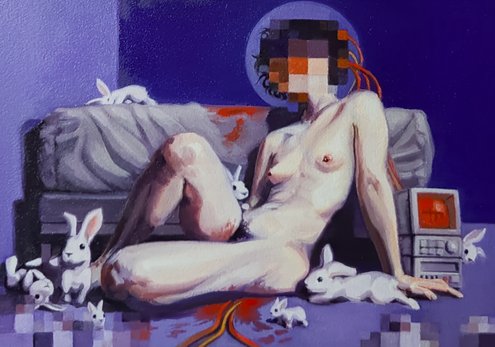 nude figure reclining against a bed and surrounded by rabbits