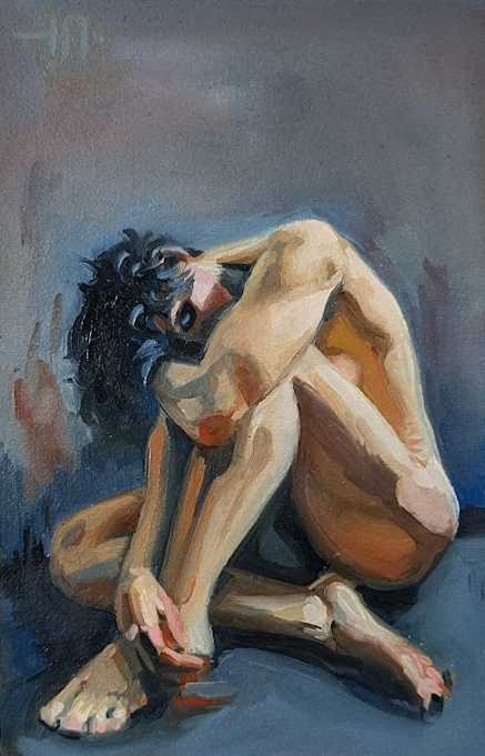 nude figure seated on the ground glaring
